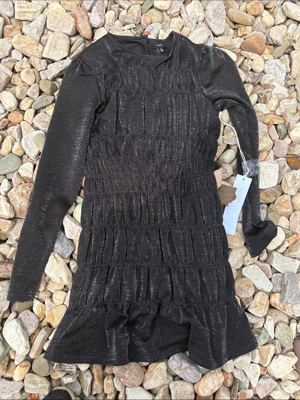 Shimmery Black Long Sleeve Ruffle Dress